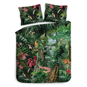 Tropisch dekbedovertrek met kleurrijke bloemen en tropische dieren in een jungle bos.