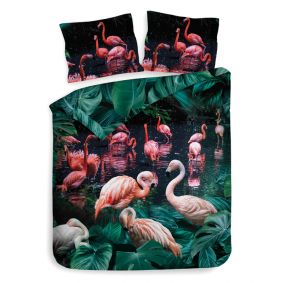 Dubbelzijdig dekbedovertrek met aan de ene kant een prachtige print van flamingo's omringd door tropisch blad